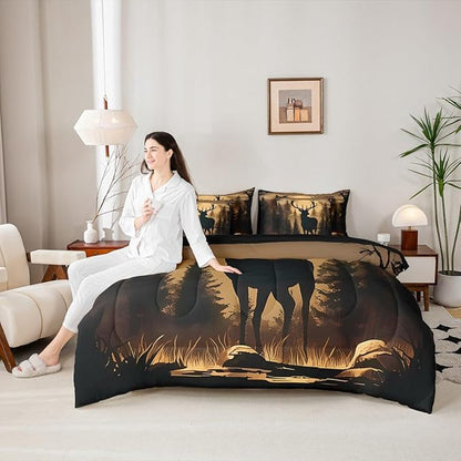 Erosebridal 7 Pieces Deer Silhouette Bedding Set King Size for Men - Woodland Hunting Deer Comforter Set with Sheets for Kids Boys Girls Rustic Farmhouse Cabin Bed in A Bag Brown Black Animal Decor