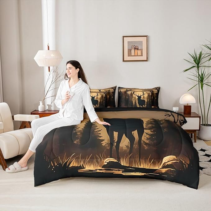 Erosebridal 7 Pieces Deer Silhouette Bedding Set Full Size for Men - Woodland Hunting Deer Comforter Set with Sheets for Kids Boys Girls Rustic Farmhouse Cabin Bed in A Bag Brown Black Animal Decor
