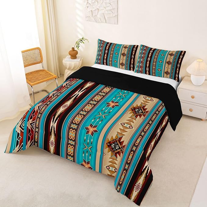 Aztec Bedding Set Ethnic Tribal Arrow Queen Comforter Set,Vintage Southwestern Native Bohemian Quilt,Western Star Duvet Insert Exotic Geometric Diamond Stripes Room Decor,Teal Blue and Brown