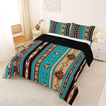 Aztec Bedding Set Ethnic Tribal Arrow Queen Comforter Set,Vintage Southwestern Native Bohemian Quilt,Western Star Duvet Insert Exotic Geometric Diamond Stripes Room Decor,Teal Blue and Brown