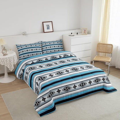 Erosebridal Boho Boys Bedding Sets Queen Western Bohemian Comforter Set Blue Grey Southwestern Aztec Bedding Comforter Sets for Kids Teen Southwest Tribal Mexican Quilt Duvet Rustic Farmhouse Decor