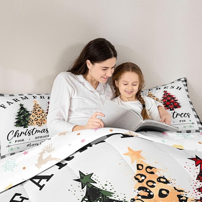 Christmas Tree Comforter Set Twin Size,Black White Geometric Check Bedding 2pcs for Kids Girls Adults Home Winter Room Decor,Red Green Leopard Pine Quilt Happy New Year Duvet Insert