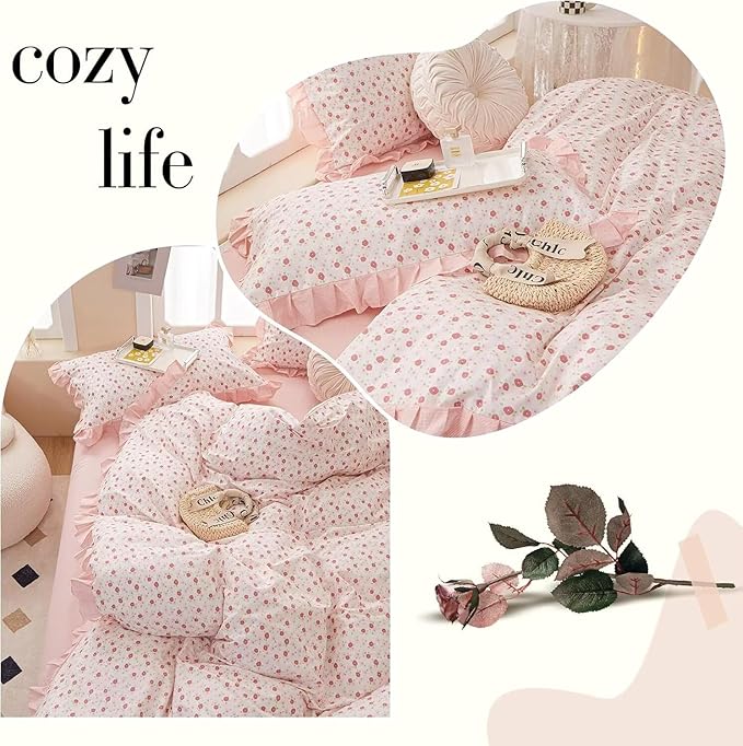 MKXI King Size Pink Floral Ruffle Comforter Set - 3 Piece Pastoral Ruffled Floral Comforter with Pillow Shams, Reversible Pink Flower & Striped Design, Soft Aesthetic Bedding Set for Teen Girls