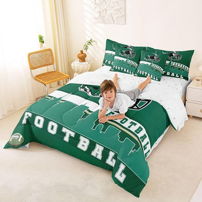Erosebridal Football 7 Pcs Comforter Set King Football City Bedding for Men Boys Green Football Fans Sheet Set Bed in A Bag Rugby Game Room Decor Sports Ball Competition Quilt