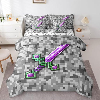 Castle Fairy Green Purple Sword 7 Piece Comforter Set Queen Size,Miner Check All Season Reversible Bed in a Bag Video Games Bedding Sets Cool Pixel Flat Sheet,Fitted Sheet,Pillowcases