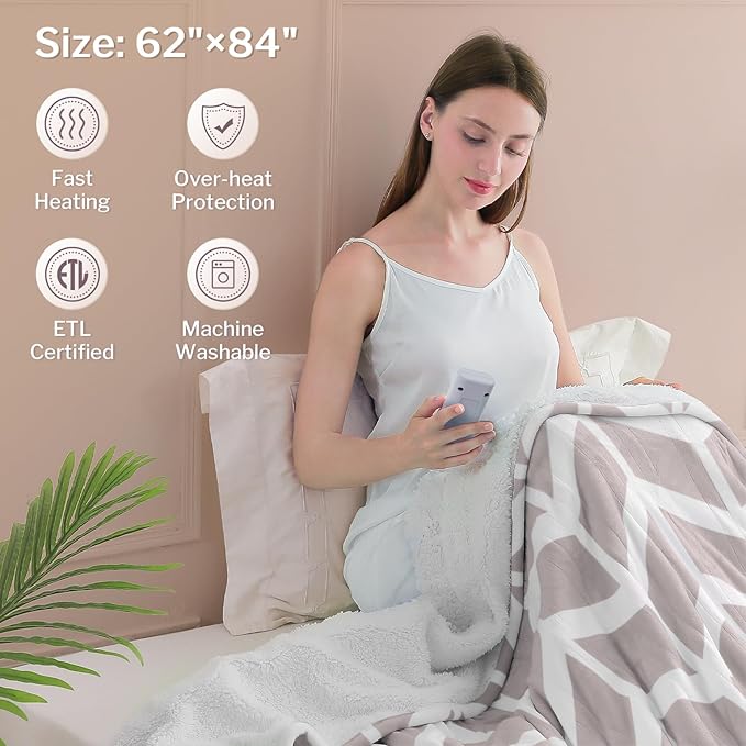 VENTIMI Electric Blanket Heated Throw, 62" x 84" Heated Blanket with 9 Heat Levels & 2 to 10 Hours Auto Off, Fast Heating Blankets with ETL & FCC Certification, Beige