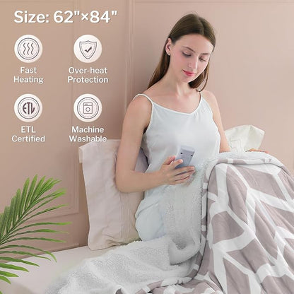 VENTIMI Electric Blanket Heated Throw, 62" x 84" Heated Blanket with 9 Heat Levels & 2 to 10 Hours Auto Off, Fast Heating Blankets with ETL & FCC Certification, Beige