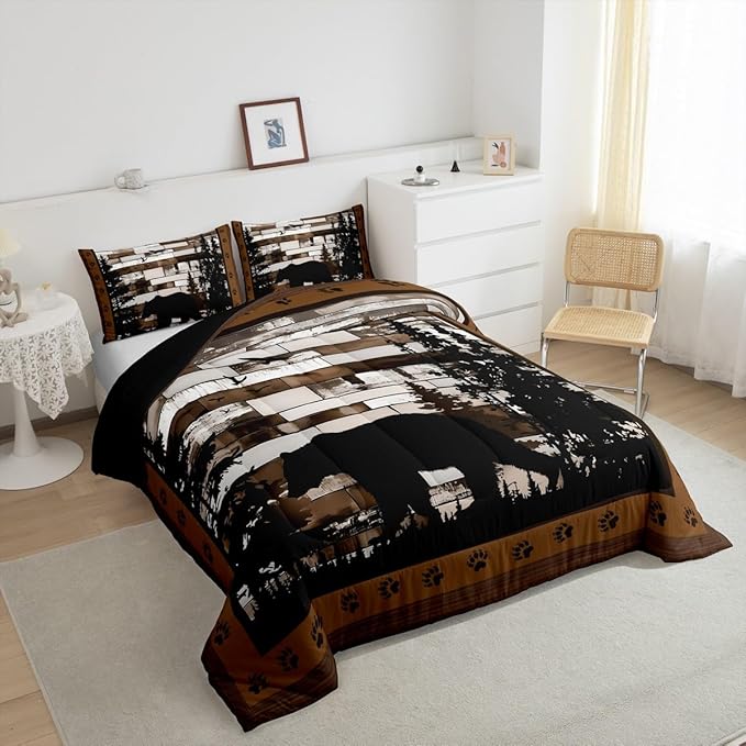 Feelyou Rustic Bear Bedding Set Wild Animals Hunt Comforter Set for Kids Boys Girls Brown Wooden Comforter Paw Print Quilt Set Bedroom Collection 3Pcs Queen Size