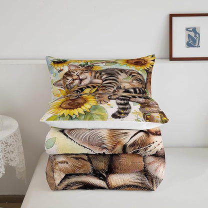 Erosebridal Kids Cute Cat Comforter Set Full Rustic Sunflower Bedding Set for Boys Girls Farmhouse Flowers Cat Bedding Comforter Sets Retro Watercolor Blossom Floral Animal Bed Set Yellow Brown