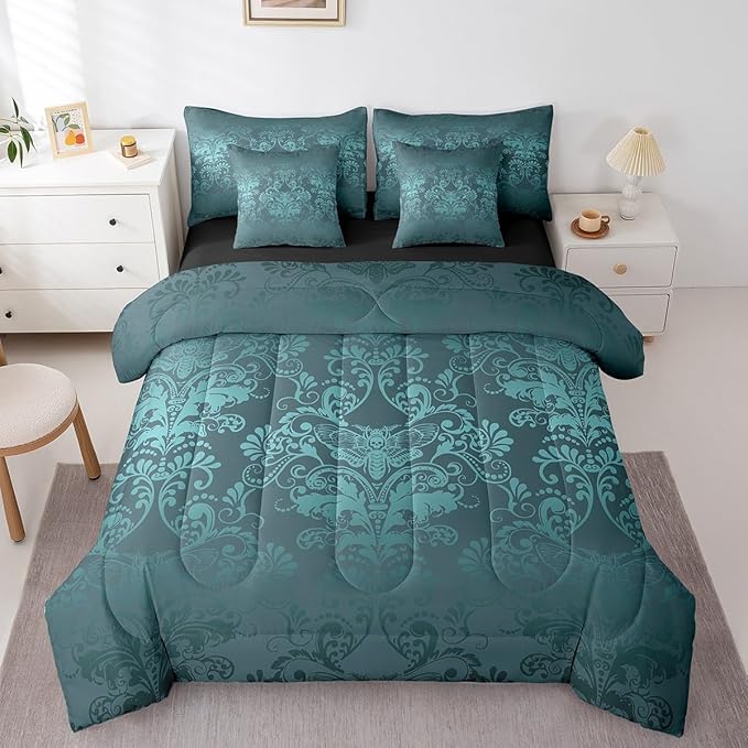 Erosebridal Gothic Damask Comforter Set 7 Piece Bed in a Bag Twin,Exotic Moth Bedding Sets Turquoise Victorian Floral Goth Sheet Set with Comforter