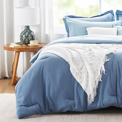 Navy Blue Comforter Set Reversible Bedding Set, 7 Pieces Soft Bed in a Bag Full with Comforter, Sheets, Pillowcases & Shams, All Seasons Boho Bed Set