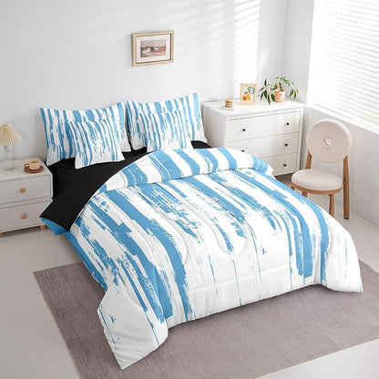 Erosebridal 7Pcs Sky Blue White Ink Painting Watercolor Comforter Set Queen,Abstract Art Aesthetic Striped Bed in A Bag for Adults Men,Boho Modern Graffiti Gradient Geometric Bedding with Bed Sheets