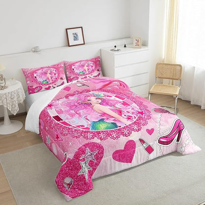 Mermaid Princess Kids Comforter Set Full Size,High-Heeled Shoes Lip Bowknot Romantic Bedding Set,Girls Women Room Decor,Glitter Sequin Castle Down Comforter,Pink Dreamy Duvet Insert,2 Pillowcases