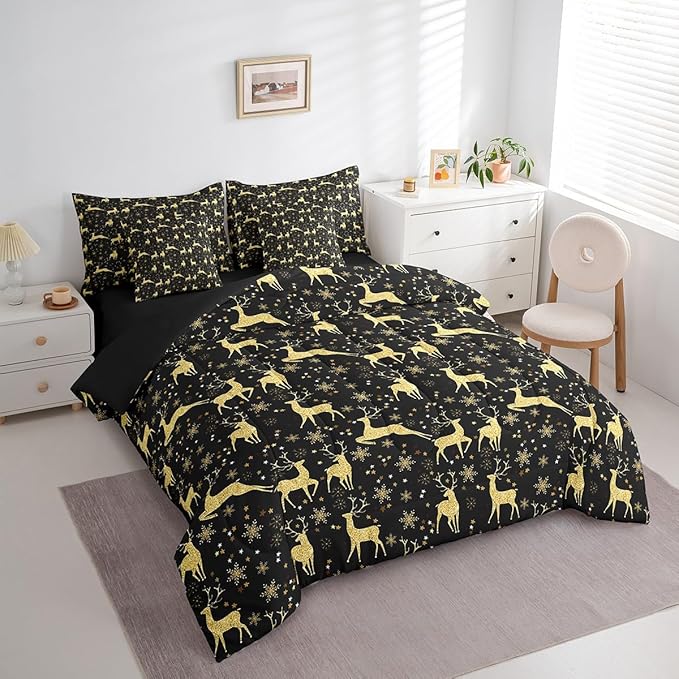 Erosebridal Elk Deer Bed in a Bag 7 Pcs Queen,Golden Deers Comforter Set for Kids Teens,Merry Christmas Fitted Sheet,Xmas Winter Snowflake Sheet Set,Moose Wild Animals Wildlife Bedding Set Room Decor