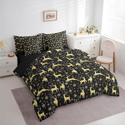 Erosebridal Elk Deer Bed in a Bag 7 Pcs Queen,Golden Deers Comforter Set for Kids Teens,Merry Christmas Fitted Sheet,Xmas Winter Snowflake Sheet Set,Moose Wild Animals Wildlife Bedding Set Room Decor