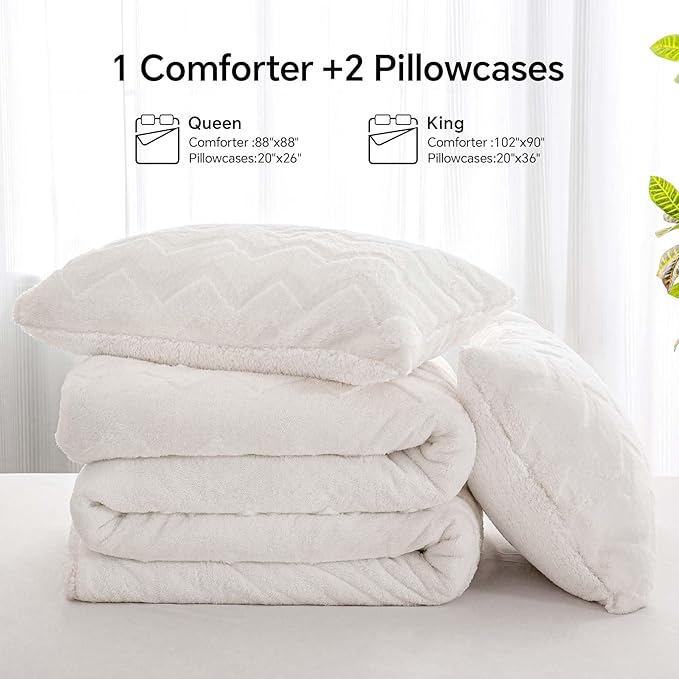 BEDELITE Fluffy Queen Comforter Set - Super Soft Sherpa Beige Comforter for Queen Size Bed, Luxury Warm Bedding Set for Winter, Fuzzy Bed Set 3 Pieces (1 Comforter, 2 Pillowcases)