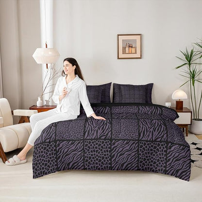 7 Pieces Wildlife Fur Splicing Print Comforter Set Twin,Purple and Black Bedding Set for Kids Girls Bedroom Decor,Leopard Cheetah Zebra Skin Bed Sets in a Bag with Comforter,Sheets and Pillow Cases