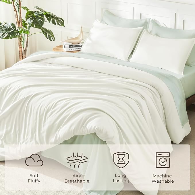 Litanika Ivory Comforter Set King Size, 3 Pieces Lightweight Solid Bedding Comforter Set, All Season Fluffy Bed Set (104x90In Comforter & 2 Pillowcases)