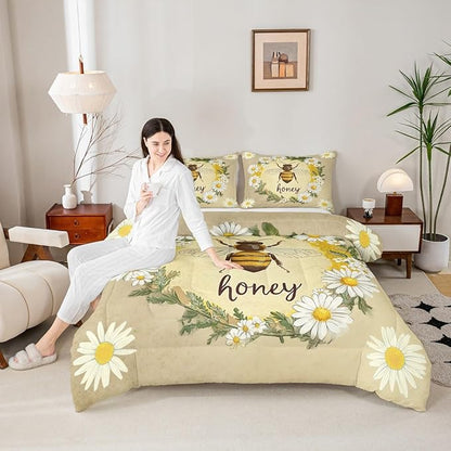 Erosebridal Kawaii Honey Bee Bedding Set Twin Cute Geometric Honeycomb Comforter Set Farm Rustic Daisy Floral Comforter for Kids Girls Teen Women,Soft Lightweight Quilt Duvet with 1 Pillow Case
