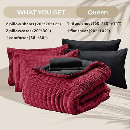 HYMOKEGE Red & Black Queen Comforter Set Seersucker 7 Pieces, All Season Luxury Bed in a Bag for Bedroom, Bedding Set with Comforters, Sheets, Pillowcases & Shams