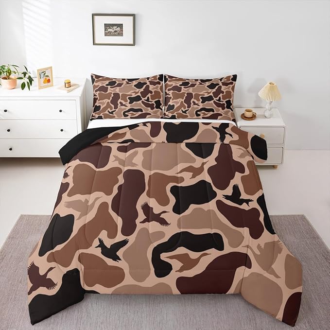 Erosebridal Duck Huner Comforter Set Toddler Size Camo Bedding Set for Adults Teens Rustic Hunting Army Comforter Woodland Camouflage Military Quilt Bedroom Decor