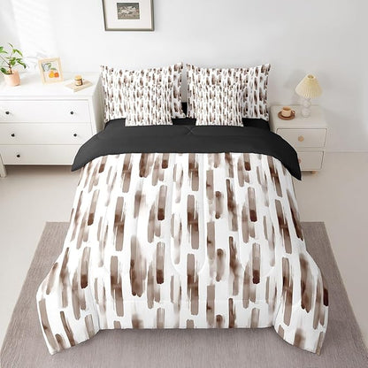 Erosebridal 7Pcs Brown and White Ink Painting Watercolor Comforter Set Full,Abstract Art Aesthetic Striped Bed in A Bag for Adults Women Men,Boho Modern Quilt,Graffiti Gradient Geometric Bedding