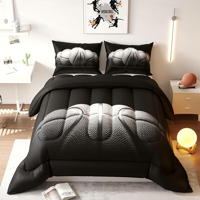 Basketball Comforter Set, Black Pattern for Kids Teens Adults,Decorative Bedding Comforter Sets with 2 Pillow Shams, Twin Size