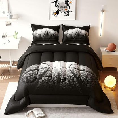 Basketball Comforter Set, Black Pattern for Kids Teens Adults,Decorative Bedding Comforter Sets with 2 Pillow Shams, Queen Size