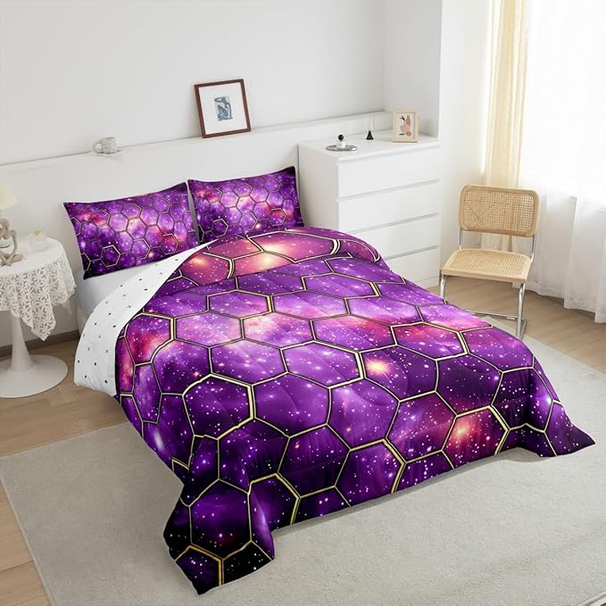 Manfei Purple Galaxy Comforter Set Toddler Size, Geometric Hexagon Print Bedding Set 2pcs, Starry Sky Honeycomb Space Down Comforter for All Season, Kids Boys Girls Room Decor, 1 Pillowcase
