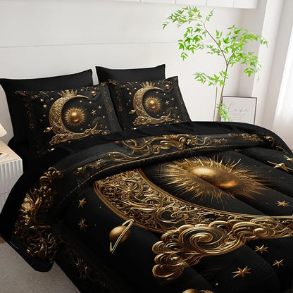 7 Piece Black and Gold Galaxy Comforter Set Queen Size，Sun and Moon Bedding Set Queen，(1 Comforter, 1 Flat Sheet, 1 Fitted Sheet, 2 Pillowcase and 2 Pillow Sham)，Astrology Bedroom Decor
