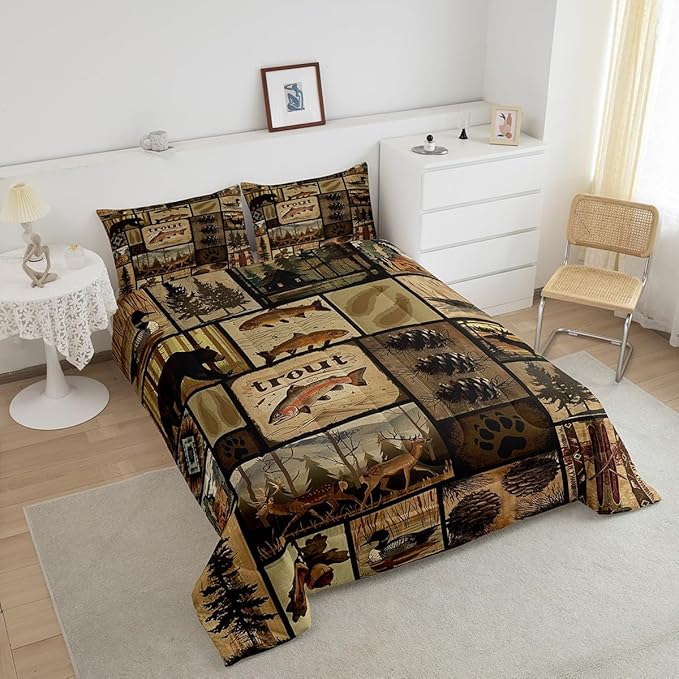 Feelyou Wild Animal Comforter Set Twin Size, Wildlife Hunting Quilt Set Bear Deer Eik Fish Duck Hunting Bedding Set for Kids Boys Teens Room Decor, Wooden Board Farmhouse Duvet Insert