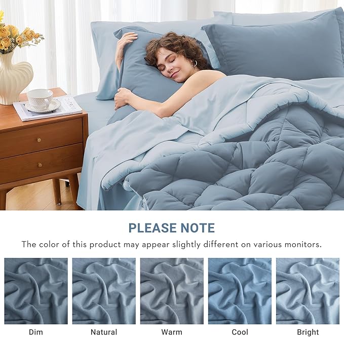 MUXHOMO 7 Pieces California King Comforter Set, Reversible Bed in a Bag Cal King Size, All Season Bedding Set with Comforter, Flat Sheet, Fitted Sheet, Pillowcases & Shams, Mineral Blue & Light Blue