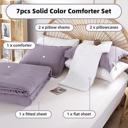 weigelia King Size Comforter Set Dusty Purple Bedding Comforter 7 Pieces Grayish Purple Comforter Set with Sheets Bed in a Bag King for Women and Men
