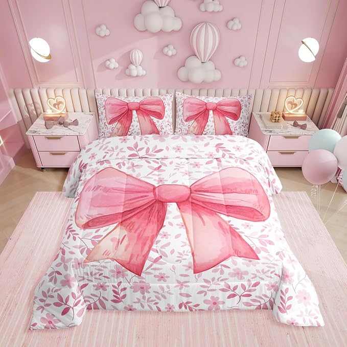 Erosebridal Cute Princess Girls Bedding Comforter Sets Kawaii Bowknot Bedding Set Twin for Kids Teen Women,Fantasy Pink White Flower Plant Comforter Set Watercolor Bow Duvet Insert 2 Pcs