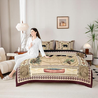 Erosebridal Bear 7 Piece Comforter Set Full Rustic Cabin Decor Bedding Set Kids Teens Tribal Wild Animals Bed in A Bag Western Aztec Quilt Stump Bear Paw Print Sheet Set Exotic Nordic Style