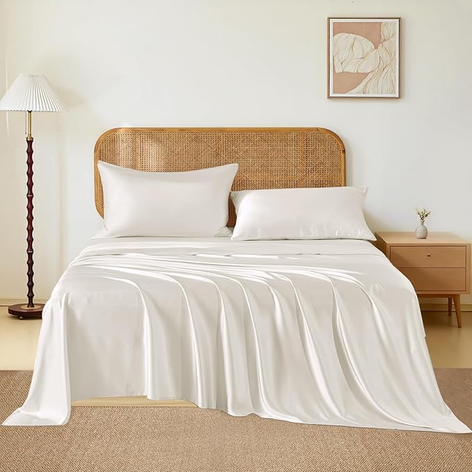 THXSILK Luxury Mulberry Silk Bed Sheets Set - 4pcs Silk Sheets Set 16" Deep Pocket - 1 Fitted Sheet, 1 Flat Sheet, 2 Pillowcases with Zipper Closure - Full, White