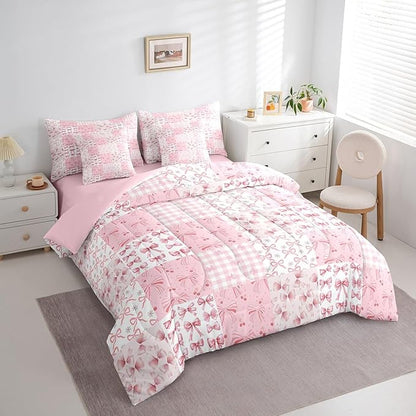 Feelyou Pink Bow Comforter Set with Sheets King Size Kids Bowknot Plaid 7 Pieces Bedding Set for Boys Girls Teens Gift for Girls Women Grid Bed in a Bag Breathable Princess Décor Bed Set