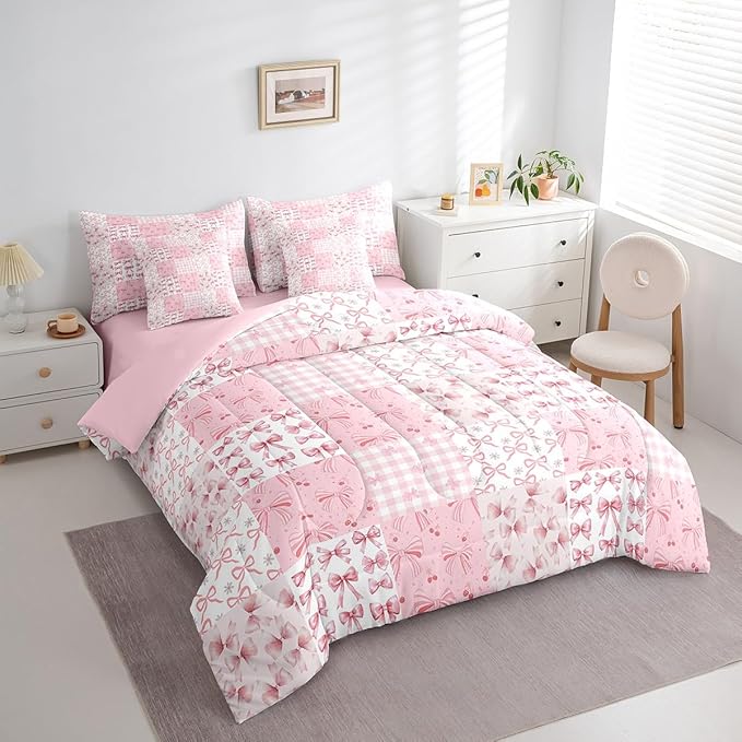 Feelyou Pink Bow Comforter Set with Sheets Twin Size Kids Bowknot Plaid 7 Pieces Bedding Set for Boys Girls Teens Gift for Girls Women Grid Bed in a Bag Breathable Princess Décor Bed Set