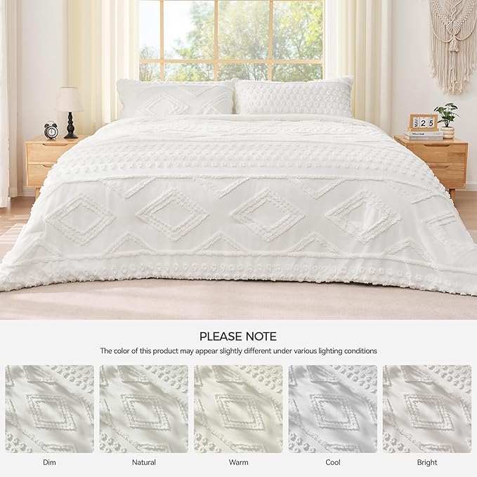 Boho King Comforter Set White with Sheets, 3 Pieces Tufted King Comforter Sets Boho Bedding Cream Soft Warm Neutral Comforter Sets for All Seasons