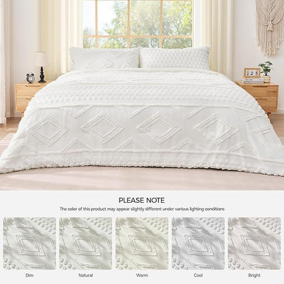 Boho King Comforter Set White with Sheets, 3 Pieces Tufted King Comforter Sets Boho Bedding Cream Soft Warm Neutral Comforter Sets for All Seasons