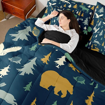 Feelyou Bear Comforter Set King Size 7 Pcs Woodland Fox Deer Comforter Bed in a Bag Cabin Lodge Farmhouse Bedding Set for Boys Girls Rustic Wild Animal Bed Set with Sheets, Pillowcases, Pillow Covers