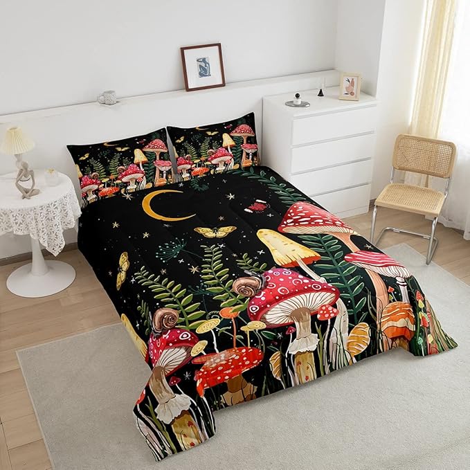 Feelyou Kids Mushroom Bedding Set Natural Wild Fungus Comforter Set for Kids Boys Girls Botanical Plants Duvet Set Butterfly Comforter 1 Comforter Set with 2 Pillowcases Queen Size
