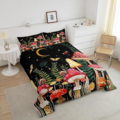 Feelyou Kids Mushroom Bedding Set Natural Wild Fungus Comforter Set for Kids Boys Girls Botanical Plants Duvet Set Butterfly Comforter 1 Comforter Set with 2 Pillowcases King Size