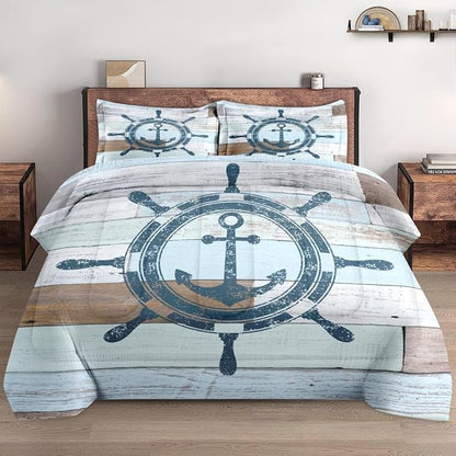 Comforter Set Twin Size, Vintage Wheel Anchor 2 Pcs Soft Bedding Set for Kids and Adults, Retro Blue Sea Woodboard Comforter Set with Pillowcase, for Bedroom Bed Decor