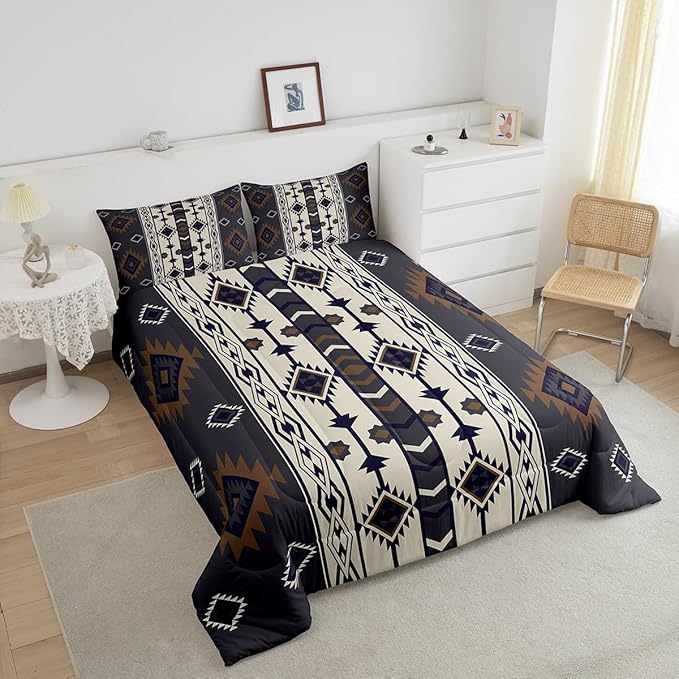 Erosebridal Aztec Geometric Comforter Set Full,Vintage Western Boho Bedding Set Southwestern Ethnic Tribal Bedding Comforter Sets for Kids Boys Adults Men American Native Quilt Duvet Black Brown