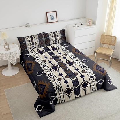Erosebridal Aztec Geometric Comforter Set Toddler,Vintage Western Boho Bedding Set Southwestern Ethnic Tribal Bedding Comforter Sets for Kids Boys Adults Men American Native Quilt Duvet Black Brown