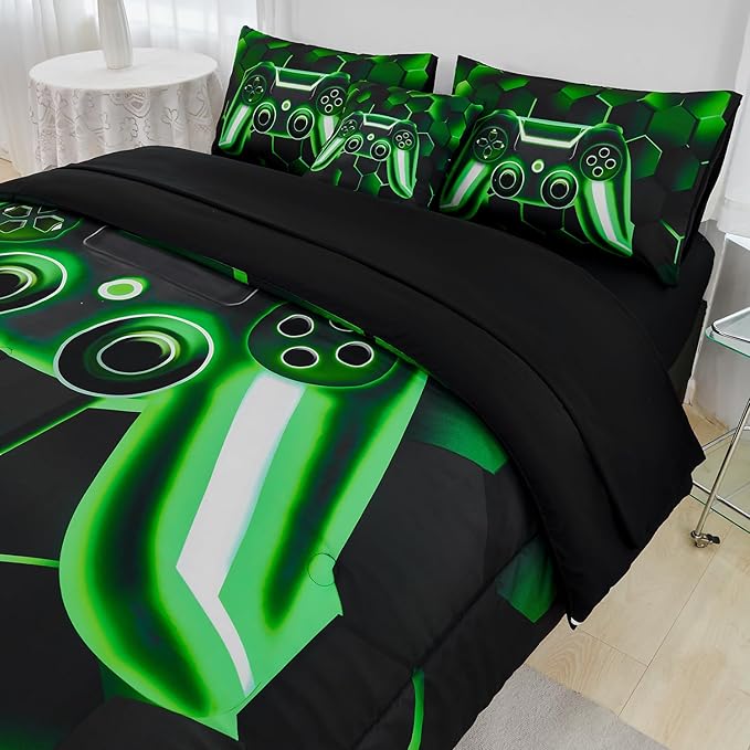 URBONUR Black Green Game Comforter Set Full Size for Boys Cool Tech Style Teen Room Decor 6Pcs Bed-in-a-Bag with Sheet Set Soft Lightweight Kids Bedding for All Seasons