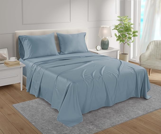 100% Egyptian Cotton Sheets For King Size Bed, 800 Thread Count Sateen Weave Deep Pocket King Sheet Set, Sheet & Pillowcase Sets, No Pill, Soft & Comfy Naturally Cool & Breathable- French Blue