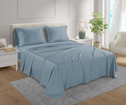 100% Egyptian Cotton Sheets For King Size Bed, 800 Thread Count Sateen Weave Deep Pocket King Sheet Set, Sheet & Pillowcase Sets, No Pill, Soft & Comfy Naturally Cool & Breathable- French Blue