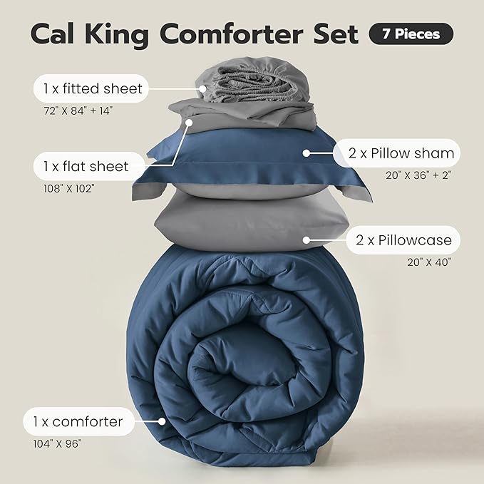 Joiedomi California King Comforter Set with Sheets Navy Blue, 7 Pieces Bedding Set with 1 Down Alternative Comforter, 1 Flat Sheet, 1 Fitted Sheet, 2 Pillowcases and 2 Pillow Shams, Bed in a Bag